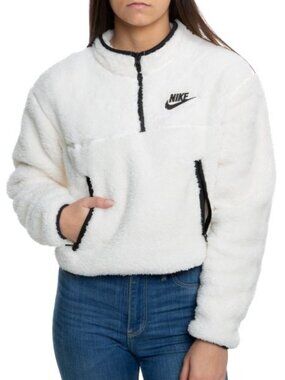 Nike Sportswear Quarter Zip Crop Sherpa Plush Fleece Shirt Ivory Black SZ M